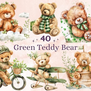 40 PNG Aquarell Grün Teddybär Clipart, Boho Baby Shower Illustration Clip Art, Boho Kindergarten Teddybär png, Green Party Sublimation