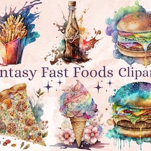 22 PNG Aquarell Fantasy Fast Food Clipart, süße Fast Food ClipArt, Pizza, Burger und Pommes, Eis, Hotdogs, Regenbogen Essen png Bundle
