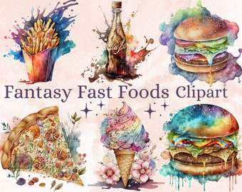 22 PNG Aquarell Fantasy Fast Food Clipart, süße Fast Food ClipArt, Pizza, Burger und Pommes, Eis, Hotdogs, Regenbogen Essen png Bundle