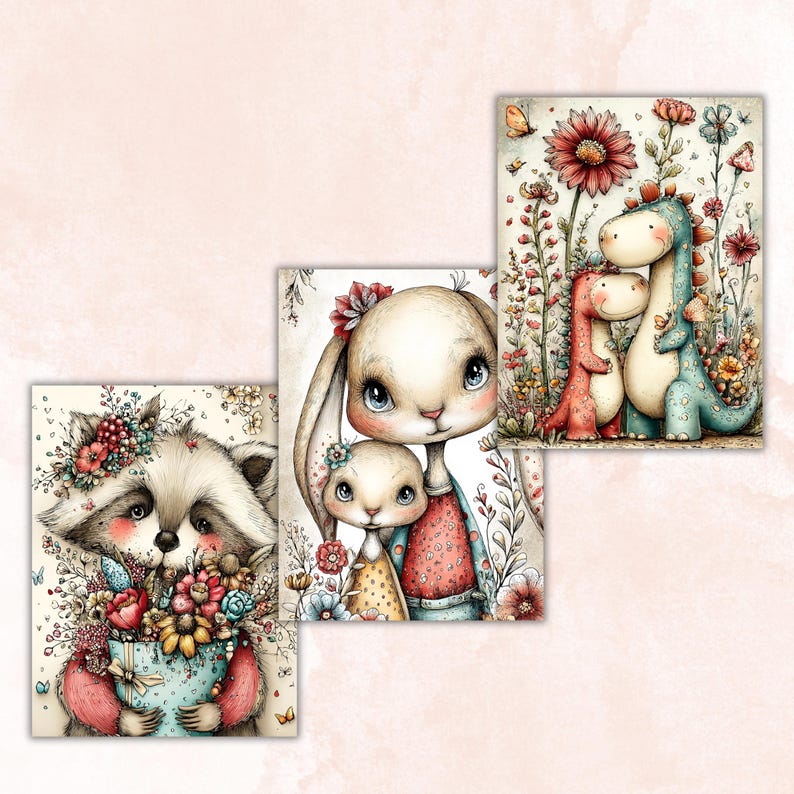 May include: Three watercolor art prints featuring adorable animal illustrations. One print shows a raccoon holding a flower-filled pot. Another depicts a mother and child bunny. The third print shows two dinosaurs. All prints have a floral theme.