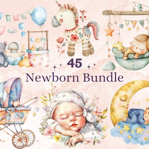 45 Clipart de pacote de recém-nascido em aquarela PNG, clipart de ilustração de chá de bebê em pastel, berçário Boho fofo png, sublimação de festa de revelação de gênero