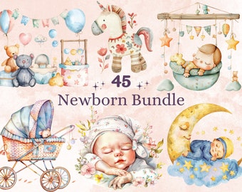 45 PNG Watercolor Newborn Bundle Clipart, Pastel Baby Shower Illustration Clip art, Cute Boho Nursery png, Gender Reveal Party Sublimation