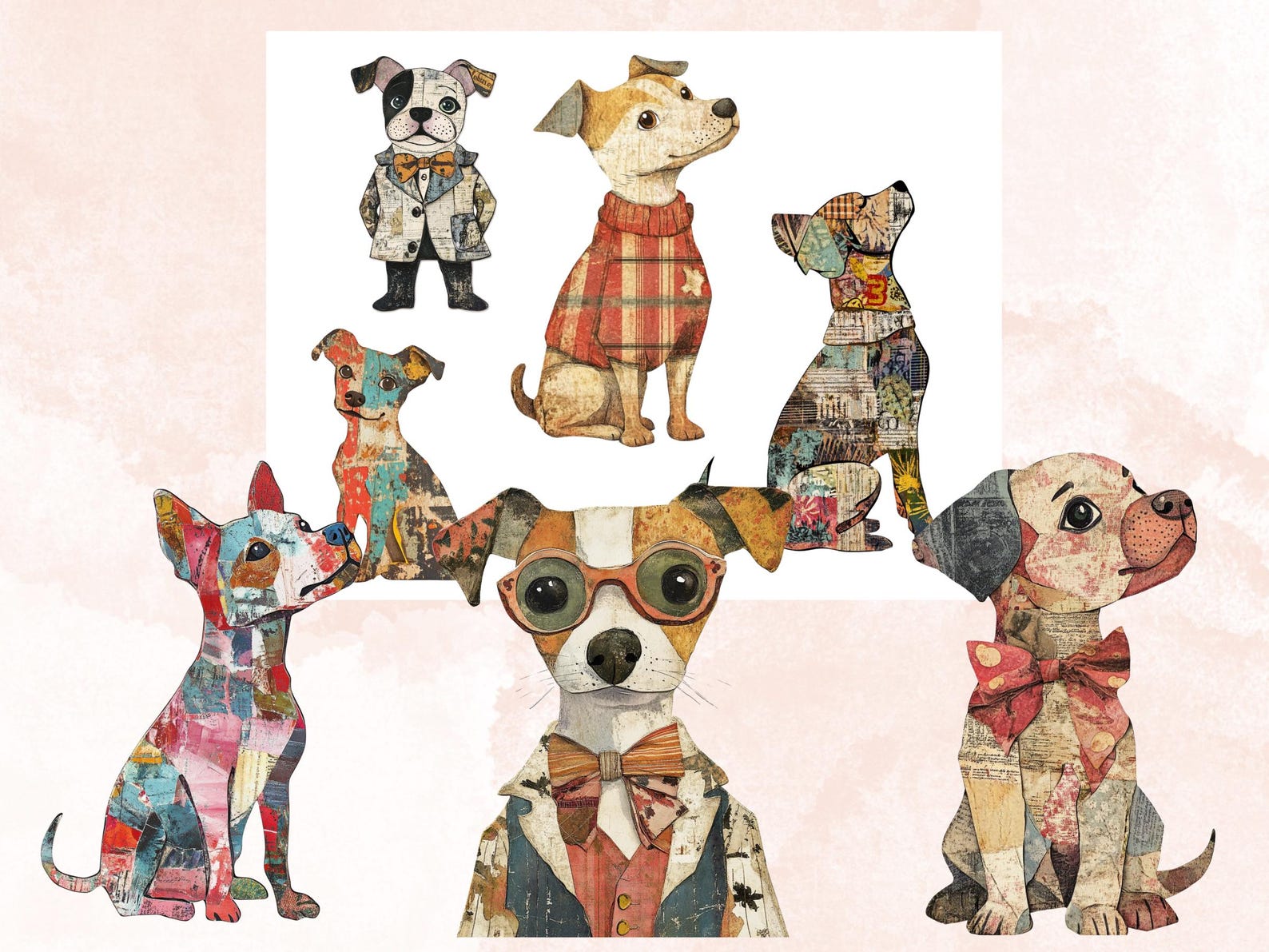 Whimsical Dog Mixed Media Clipart, Whimsy Dogs Fussy Cut Collage Sheet ...