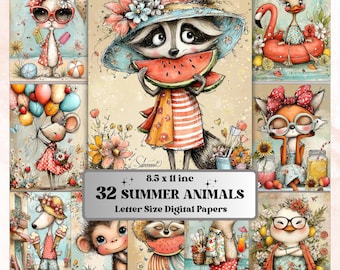 Quirky Summer Animals Digital Paper Pack | Whimsical Wildlife Junk Journal Scrapbook Printable, 32 Sheets Letter Size Instant Download