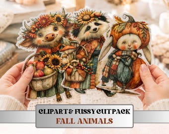 Fall Animals Fussy Cuts & Clipart, Printable Autumn Animal Cut Outs, Fall Ephemera, Quirky Junk Journal Scrapbook Kit, Cozy Paper Craft