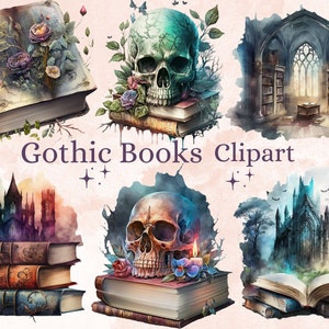 33 PNG Watercolor Gothic Books Clipart, Fantasy Book Clip Art, Gothic Library Interior Room, Floral Book Bundle PNG, Skull Gothic Bundle PNG