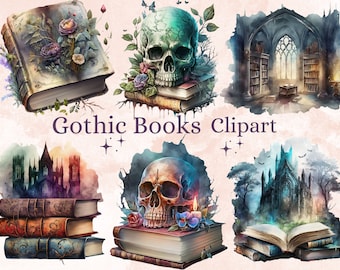 33 PNG Watercolor Gothic Books Clipart, Fantasy Book Clip Art, Gothic Library Interior Room, Floral Book Bundle PNG, Skull Gothic Bundle PNG
