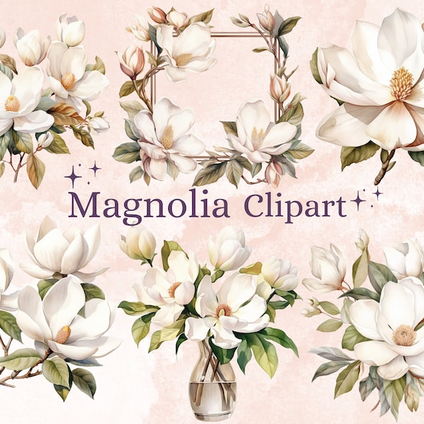 30 PNG Watercolor Magnolias Clipart, Magnolia Flowers PNG Clip Art, Spring White Floral Clipart, Digital Magnolia Bundle, White Flowers PNG