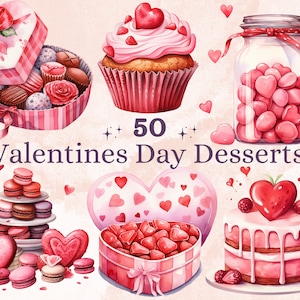 50 PNG Watercolor Valentine's Day Dessert Clipart, Sweet Valentines Day Candies Illustrations Clip art, Candy Bakery Shop Png Sublimation