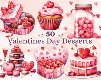 50 PNG Watercolor Valentine's Day Dessert Clipart, Sweet Valentines Day Candies Illustrations Clip art, Candy Bakery Shop Png Sublimation