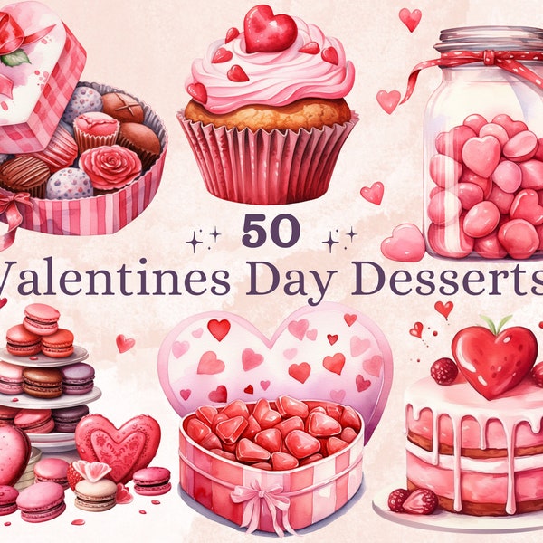 50 PNG aquarel Valentijnsdag dessert clipart, zoete Valentijnsdag snoepjes illustraties illustraties, Candy Bakery Shop PNG sublimatie