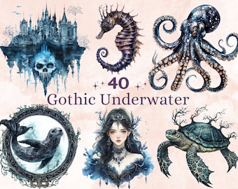 40 PNG Watercolor Gothic Underwater Clipart, Creepy Ocean Clip art, Spooky Sea Animals png, Sealife Sublimation, Dark Fantasy Under the Sea