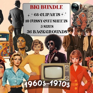 Set di collage nostalgici vintage, ritagli surreali e stravaganti degli anni '60-'70, clipart bizzarre e strane, pagine di diario retrò, collage di carta effimera
