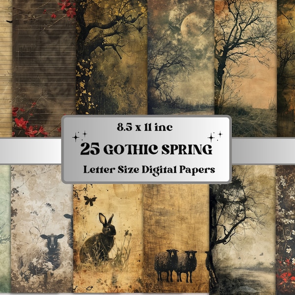 Gothic Spring Junk Journal Kit, Printable Dark Fantasy Spring Paper, Creepy Enchanted Forest Landscape, Gothic Easter Bunny Scrapbook Pages