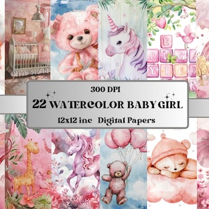 Carta stampabile per acquerello per bambina, sfondo rosa per bambina, pagine per bambina, carta digitale per orsacchiotti, scene arcobaleno Boho