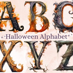 26 PNG Acquerello Halloween Alfabeto Clipart, Lettere Gotiche Illustrazione Clip art, Dark Fantasy Alfabeto png, Creepy Tipografia Sublimazione