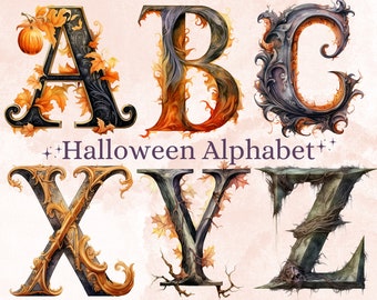 26 PNG Watercolor Halloween Alphabet Clipart, Gothic Letters Illustration Clip art, Dark Fantasy Alphabet png, Creepy Typography Sublimation