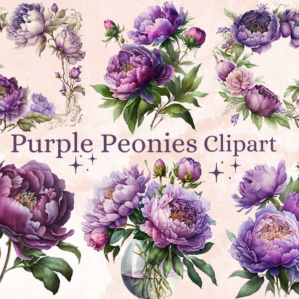 22 PNG Watercolour Purple Peonies Clipart, Lilac & Purple Peony Clip Art Bundle, Violet Peonies floral clip art set, Purple Peony Wreath png