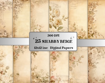 Beige Shabby Chic Junk Journal Kit, Vintage Shabby Chic Ephemera Collage, Boho Romantic Scrapbook Paper, Printable Floral Roses Digital Card
