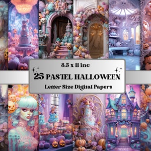 Druckbare Pastell Halloween digitales Papier, niedlicher Halloween Hintergrund, gruselige Szenen Seiten, Download Junk Journal, Scrapbooking, Kartenherstellung