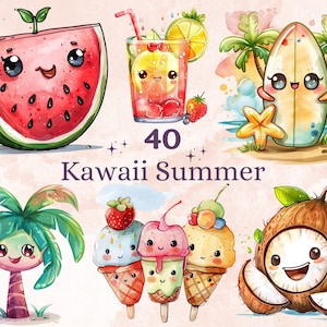 40 PNG Watercolor Cute Kawaii Summer Clipart, Tropical Summer Animals Illustrations Clip art, Sea View Png, Sunny Beach Vacation Sublimation