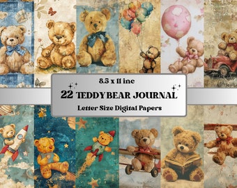 May include: A set of 22 digital papers featuring teddy bears in various scenes. The papers are 8.5 x 11 inches and are perfect for scrapbooking, card making, and other paper crafts.