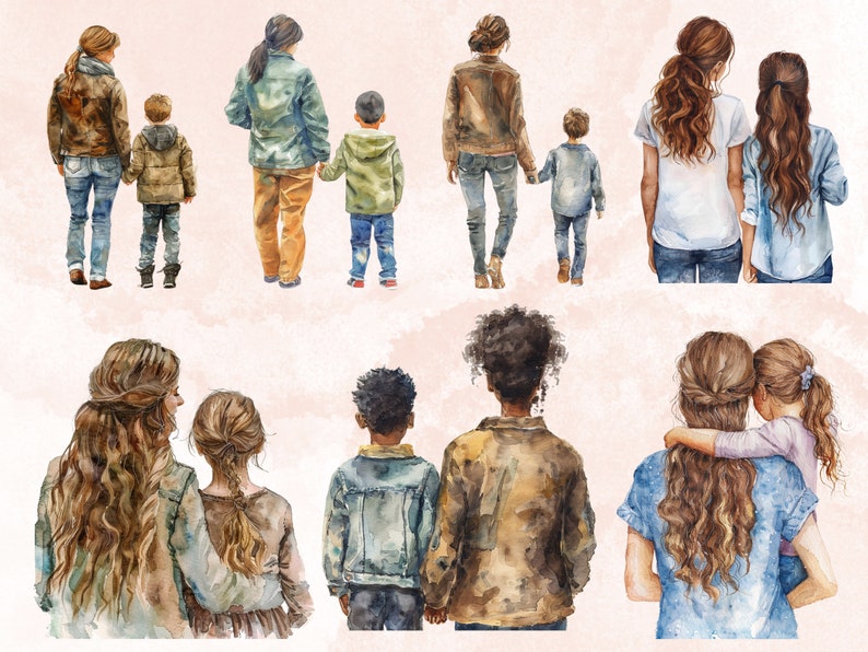 60 PNG Watercolor Mother's Day Views Clipart, Back View Family ...
