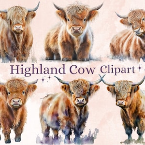 20 PNG Aquarell Highland Kuh Clipart, Highland Kuh PNG Bundle, Highland Kuh Sublimation Designs für kommerzielle Nutzung, Baby süße Highland Kuh