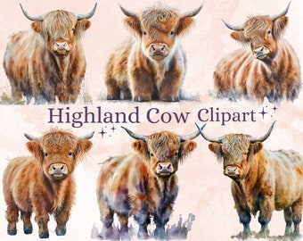 20 PNG Watercolor Highland Cow Clipart, Highland Cow PNG Bundle, Highland Cow Sublimation Designs for Commercial Use, Baby Cute Highland Cow