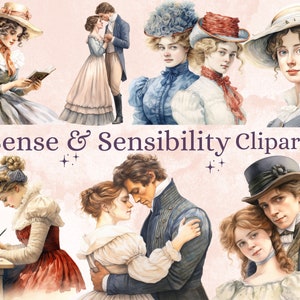 May include: A set of digital illustrations featuring characters from the novel Sense and Sensibility. The illustrations are in a watercolor style and depict various scenes from the book, including a woman reading a book, a couple embracing, and a woman writing a letter. The illustrations are perfect for use in digital scrapbooking, card making, and other creative projects.
