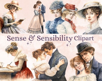 44 PNG Watercolor Sense and Sensibility Clipart, Jane Austen png, Fairytale Clipart, Regency Era Clipart PNG, Jane Austen Character Bundle