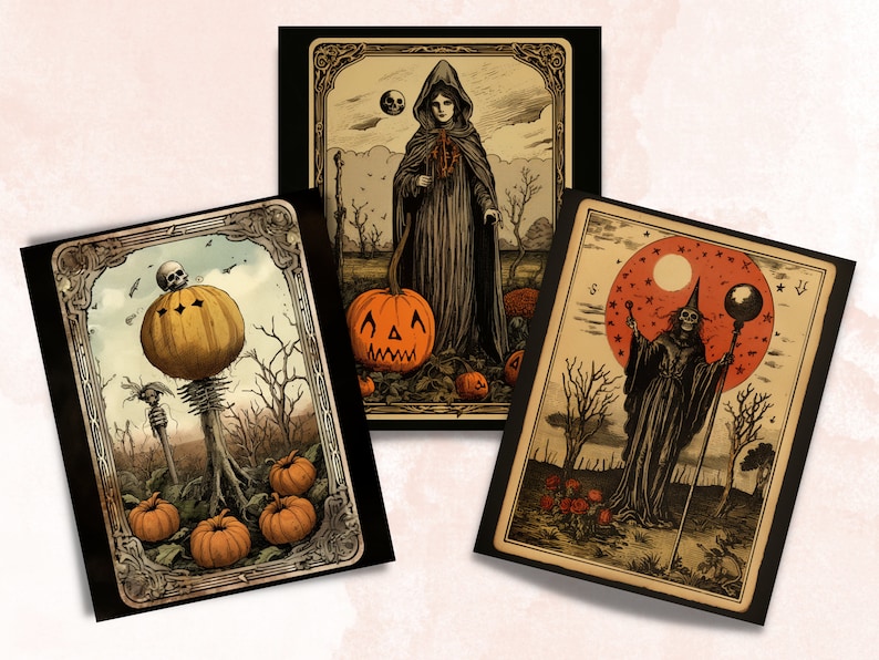 Printable Halloween Tarot Digital Paper, Vintage Halloween Tarot, Retro Halloween Pages, Download Junk Journal, Scrapbooking, Tarot Cards
