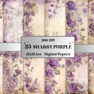 Paarse Shabby Chic Junk Journal Kit, Vintage Shabby Chic Ephemera Collage, Romantisch Plakboekpapier, Afdrukbare Bloemenrozen Digitale Kaarten