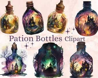 15 imágenes prediseñadas de botellas de poción de acuarela PNG, paquete de botellas de poción de brujas, arte místico mágico, imágenes prediseñadas mágicas de fantasía, álbum de recortes, diario basura