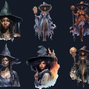 25 PNG akvarell svarta flickor häxor clipart, häxkonst clipart, afro häxa clip art png, magisk clip art, afrikansk melanin svart kvinna PNG bild 6