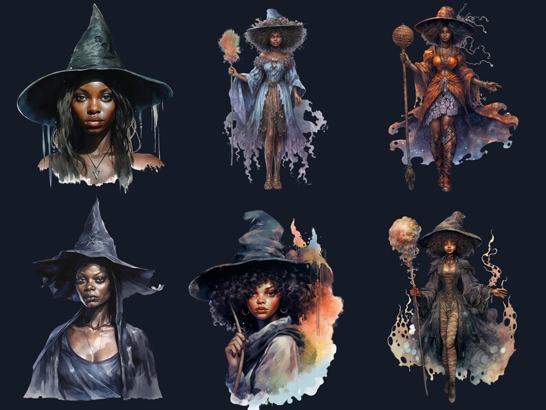 25 PNG akvarell svarta flickor häxor clipart, häxkonst clipart, afro häxa clip art png, magisk clip art, afrikansk melanin svart kvinna PNG bild 6