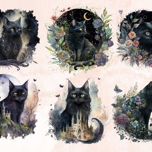 16 PNG Watercolor Fantasy Black Cats Clipart, Black Cat Clip Art, Celestial Black Cat Clipart, Magical clipart, Witchcraft Bundle, pagan png