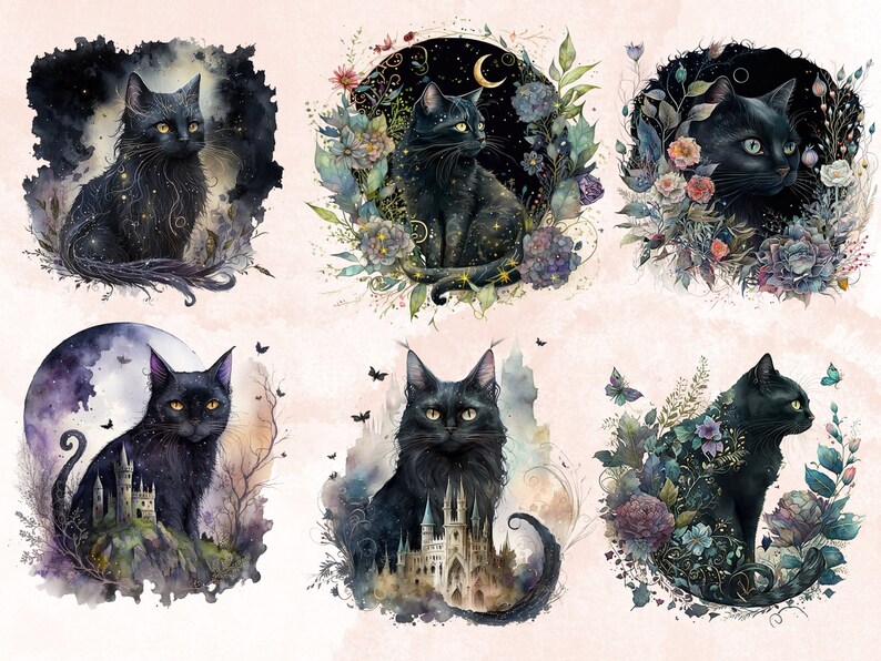 16 PNG Watercolor Fantasy Black Cats Clipart, Black Cat Clip Art, Celestial Black Cat Clipart, Magical clipart, Witchcraft Bundle, pagan png