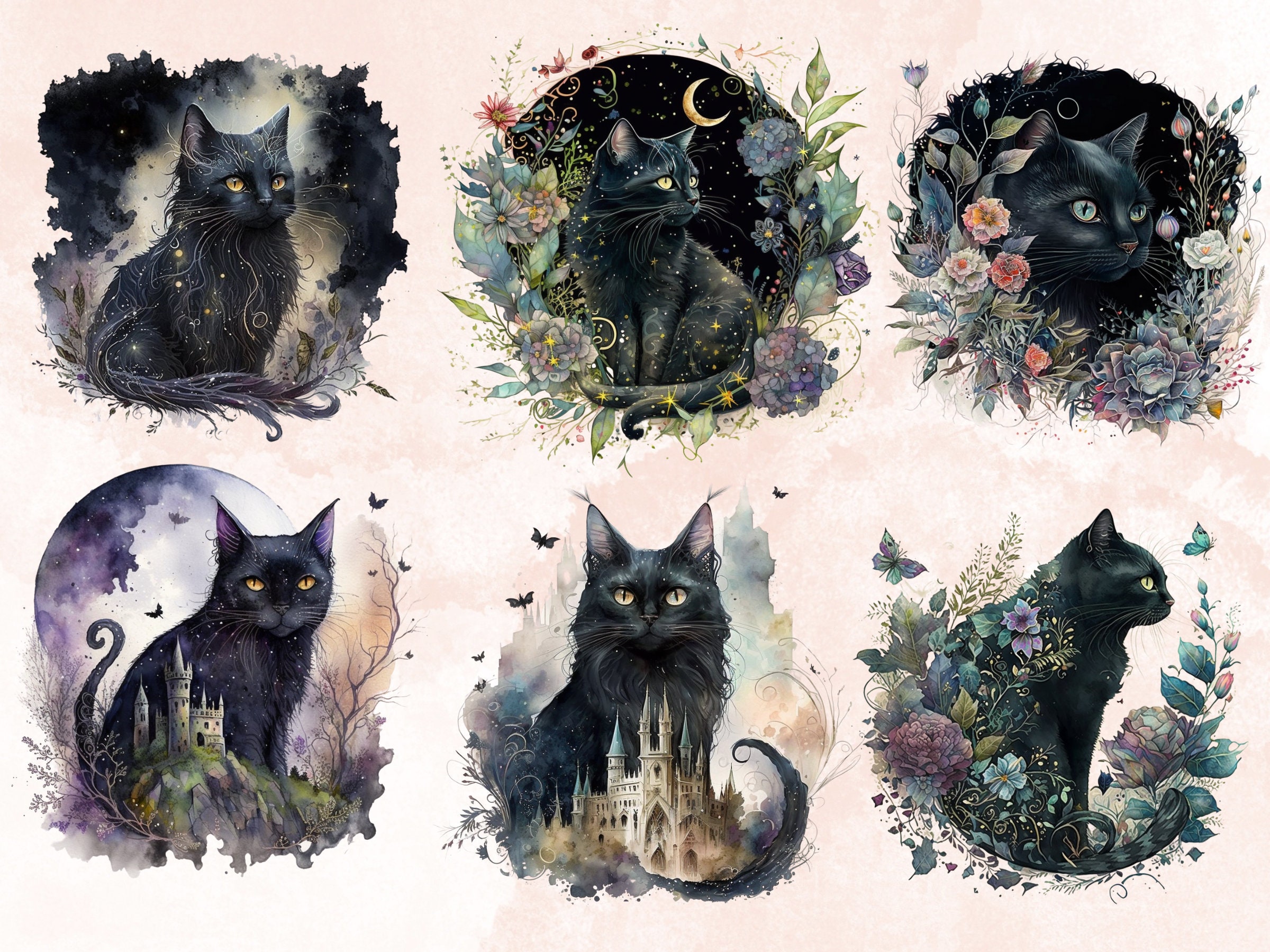 16 PNG Watercolor Fantasy Black Cats Clipart, Black Cat Clip Art ...