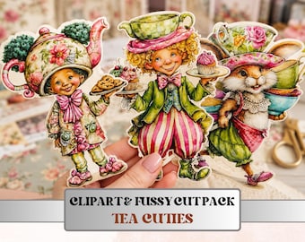 Tea Cuties Fussy Cuts & Clipart, Whimsical Tea Time Cut Outs, Quirky Ephemera, Junk Journal Scrapbook Kit, Cozy Paper Craft
