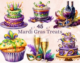 45 PNG Watercolour Mardi Gras Treats Clipart, Fat Tuesday Dessert Sublimation, Masquerade Drink Illustration Clip art, Carnival Foods png