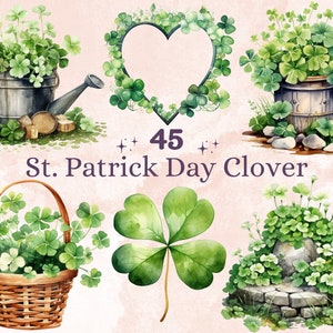 45 PNG Aquarelle St.Patrick’s Day Clover Clipart, Four Leaf Clover Illustrations Clip art, Irish Green Shamrock Png, Sublimation botanique