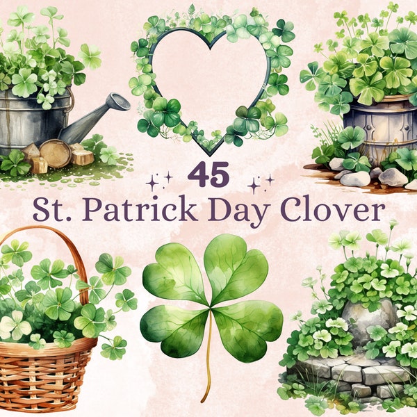 45 PNG Watercolor St.Patrick’s Day Clover Clipart, Four Leaf Clover Illustrations Clip art, Irish Green Shamrock Png, Botanical Sublimation