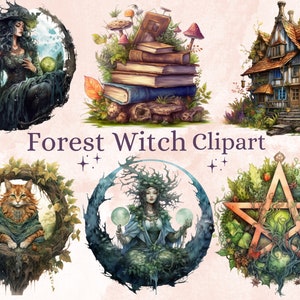 37 PNG Aquarel Forest Witch Clipart, Green Witchcraft Clip art, heks clip art png, magische illustraties, Nature Witch Bundle, hekserij png