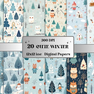 Papel digital de invierno lindo imprimible, efímera del país de las maravillas de invierno, páginas de invierno nevadas de Kawaii, descargar diario basura, scrapbooking, fabricación de tarjetas