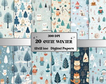 Printable Cute Winter Digital Paper, Winter Wonderland Ephemera, Kawaii Snowy Winter Pages, Download Junk Journal, Scrapbooking, Card Making