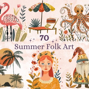 70 PNG Watercolor Summer Folk Art Clipart, Scandinavian Beach Illustrations Clip art, Boho Summer Vibes Png, Nordic Summer Sublimation
