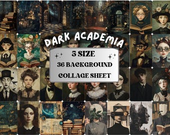 May include: A collage sheet with 36 different images in a dark academia theme. The images feature people, books, and other objects related to the theme. The text "DARK ACADEMIA" is written in a large font at the top of the sheet. The text "5 SIZE 36 BACKGROUND COLLAGE SHEET" is written in a smaller font below the title.