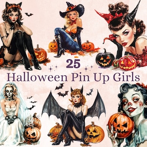 25 PNG Aquarell Vintage Halloween Pin Up Girls Clipart, Retro Halloween Frau Illustrationen Clip Art, Hexerei png, Gruselige Sublimation