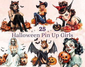 25 PNG Watercolor Vintage Halloween Pin Up Girls Clipart, Retro Halloween Woman Illustrations Clip art, Witchcraft png, Spooky Sublimation
